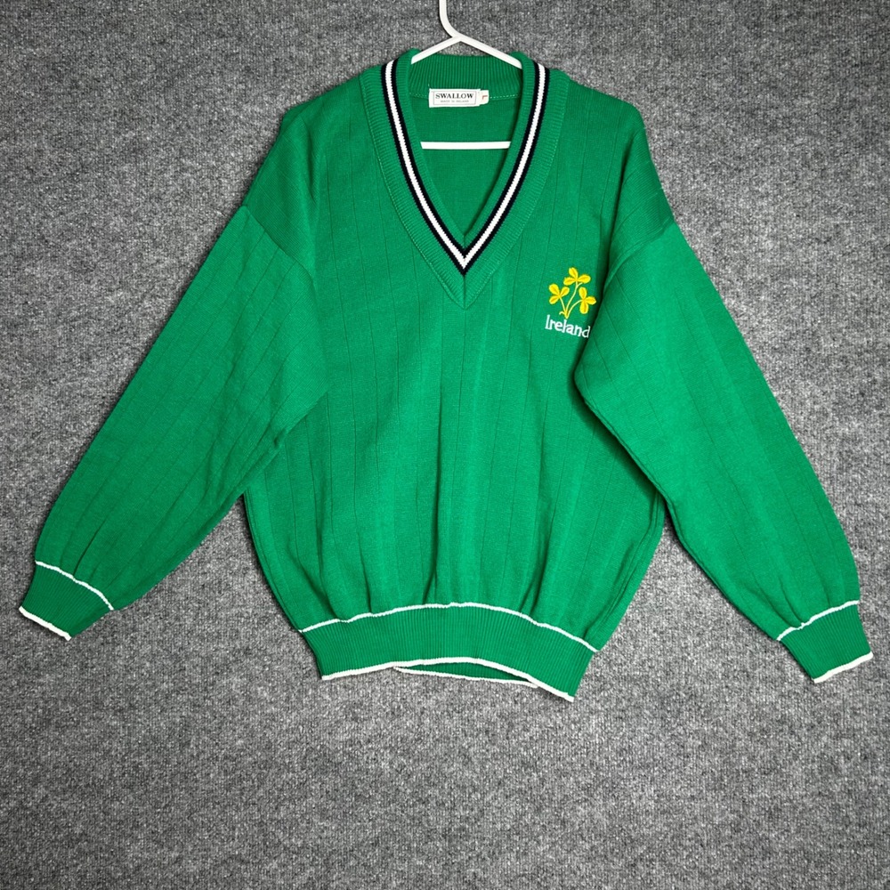 Swallow Ireland Vintage Green V-Neck Sweater Mens Large Shamrock Acrylic Knit